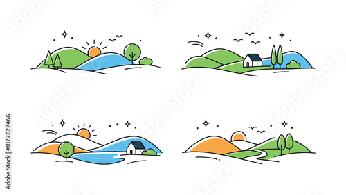 Minimal Landscape Shift. Minimal landscape transformation. A simple landscape gradually shifting in shape and color, with hills and trees softly rearranging.