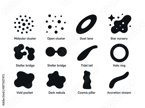 Celestial Structures Icons. Celestial structures. Solid icon set of celestial structures: globular cluster, open cluster, dust lane, star nursery, molecular