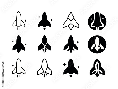 Intergalactic Logo Variations. Intergalactic travel. Icon set. Set Logo of Intergalactic travel: starship silhouette. harmonious logo variations of the same