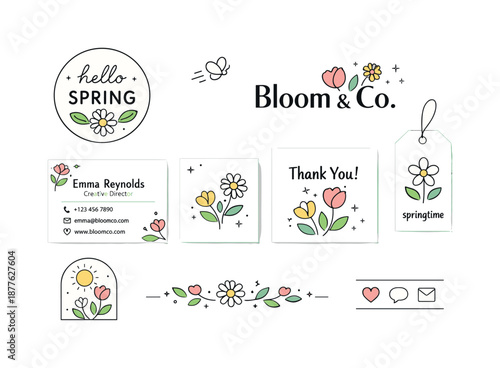 Spring Branding Design. Spring-inspired branding system. A clean editorial composition with logos, cards, and abstract floral accents. The scene feels modern,