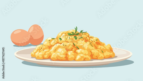 A plate of fluffy scrambled eggs is garnished with herbs and pepper, next to two whole eggs