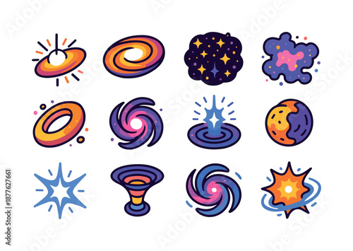 Galactic Core Icons. Galactic core. Colorful isometric vector icons set of galactic core: glowing singularity, rotating accretion disk, star cluster, nebula