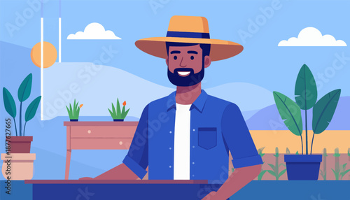A smiling farmer in a straw hat and blue shirt stands in front of his garden