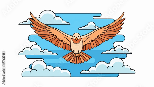 A stylized bird with spread wings soars through a sky filled with abstract clouds