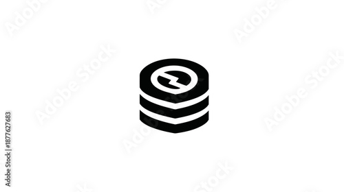 Black graphic of a stacked, cylindrical form. The top level has a circular design