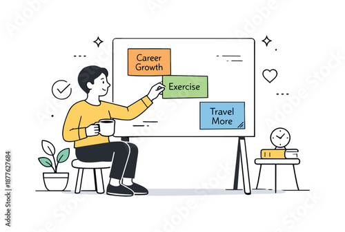 Balanced Goal Setting. Setting realistic goals. Person balancing ambition and wellbeing, placing a few key goals on a simple board. Calm confidence and