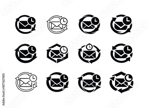 Email Workflow Icons. Responding to emails during work hours. Icon set. Set Logo of Responding to emails during work hours: email workflow arrow cycle.