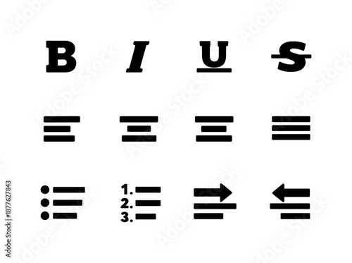 Text Formatting Icons. Text formatting tools. Solid icon set of text formatting tools: bold B, italic I, underline U, strikethrough S, align left, align