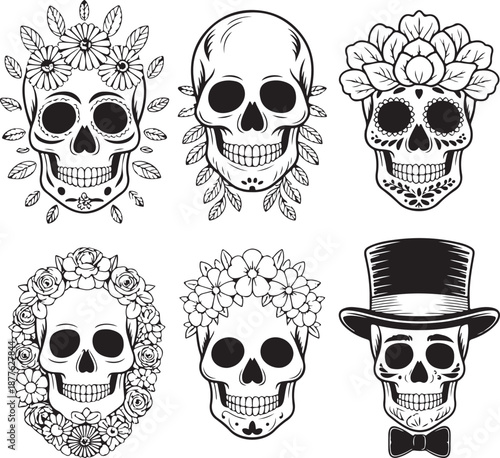 Sugar Skull Silhouette Bundle | Day of the Dead Skull Vector Set