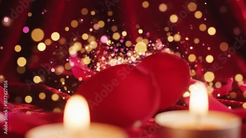 Close up of floating red petals and soft candlelight background