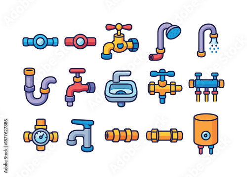 Water Network Icons. Water supply network. Colorful isometric vector icons set of water supply network: cold water line, hot water line, mixing valve, shower