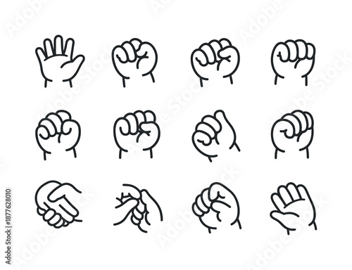 Baby Hands Icons. Baby hands grasping. Line icon set of baby hand positions: open hand, closed hand, curled fingers, partial grip, full grip, three-finger