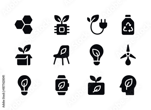 Eco-Innovation Icons. Eco-innovation. Solid icon set of eco-innovation: new material icon, sustainable tech, green energy device, recycled material product,