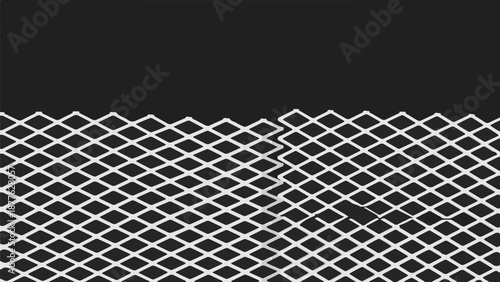 A stark, graphic representation of a white mesh grid on a dark background, with a section appearing torn