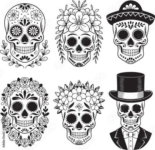 Sugar Skull Silhouette Bundle | Day of the Dead Skull Vector Set
