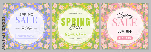 Spring sale banner set with floral pattern for social media promotion and seasonal discount marketing.