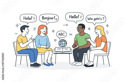 Language Group Discussion. Language learning group discussion. Group members exchanging phrases and listening to each other attentively. Open communication and