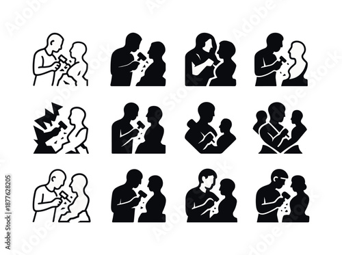 Sculptor Icon Set. Sculptors shaping their creations. Icon set. Set Logo of Sculptors shaping their creations: sculptural form emerging from stone. harmonious