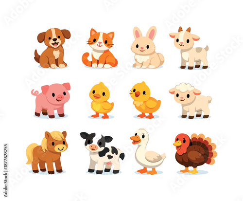 Colorful Farm Pets. Farm Pets. Colorful flat vector icons set of Farm Pets: friendly dog, cuddly cat, fluffy rabbit, gentle goat kid, playful piglet, curious