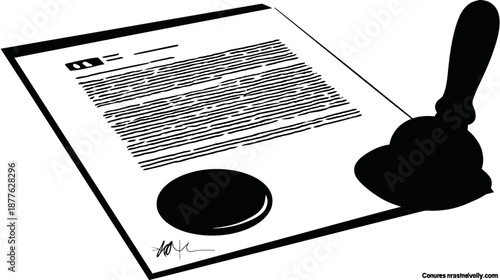 A contract illustration with a stamp and signature in black and white