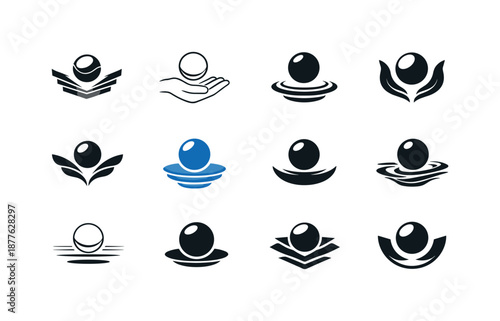 Levitating Sphere Icons. Weightlessness. Icon set. Set Logo of weightlessness: levitating sphere. harmonious logo variations of the same emblematic concept,