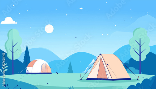 A serene nighttime camping scene under a starry sky with two tents
