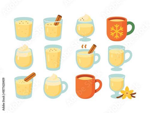 Colorful Eggnog Icons. Eggnog drinks. Colorful flat vector icons set of Eggnog drinks: classic eggnog, spiked eggnog, nutmeg topping, creamy glass, holiday
