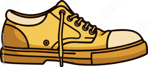 A simple, cartoonish illustration of a yellow canvas shoe with black outlines and laces