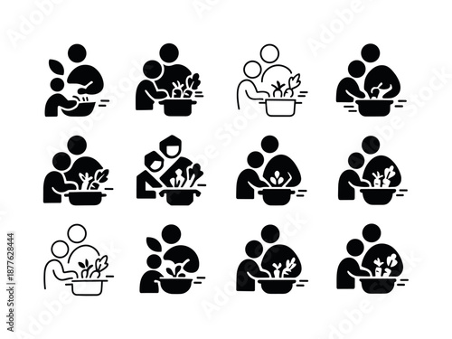 Family Meal Icons. Cooking a family meal with fresh ingredients. Icon set. Set Logo of cooking a family meal with fresh ingredients: food prep motion lines.