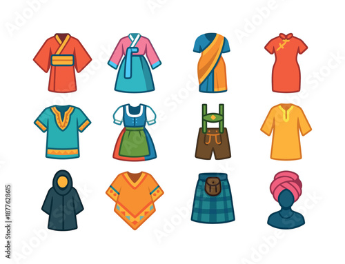 Cultural Dress Icons. Cultural Dress. Colorful flat vector icons set of Cultural Dress: kimono, hanbok, sari, qipao, dashiki, dirndl, lederhosen, kaftan,