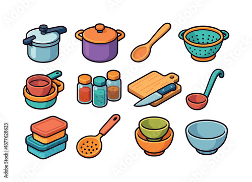 Bean Cooking Icons. Bean Cooking Tools. Colorful isometric vector icons set of Bean Cooking Tools: pressure cooker, stovetop pot, wooden spoon, colander,