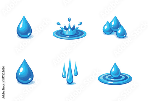 Colorful Raindrop Icons. Raindrop set. Isometric flat vector icons set of Raindrop set: single water droplet, raindrop splash, droplet cluster, glossy rain