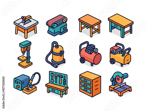 Workshop Machinery Icons. Workshop machinery. Colorful isometric vector icons set of workshop machinery: table saw, belt sander, workbench, drill press, shop