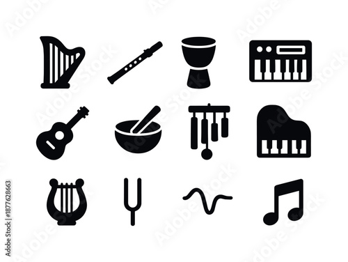 Soft Instruments Icons. Soft instrumental sounds. Solid icon set of soft instrumental sounds: harp symbol, flute silhouette, soft drum, ambient synth, calming