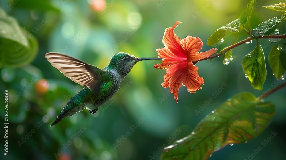 Obraz premium Vibrant Hummingbird Approaching Bright Orange Flower Amidst Lush Greenery Under Soft Natural Light