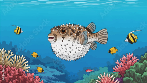 A puffy fish and smaller fish swim amongst colorful coral reefs in clear blue ocean water