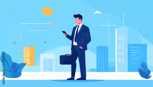 A professional in a suit checks his phone with a briefcase by his side, set against a city skyline and abstract elements