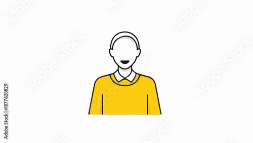 A simplified, cheerful cartoon person in a yellow sweater and white collar against a white background