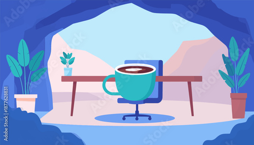 A simple desk with a cup of coffee, an office chair, and plants