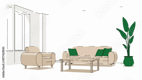 A simple drawing of a living room scene with a sofa, armchair, coffee table and plant