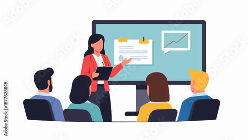 A presenter educates an audience on a chart and document displayed on a large screen