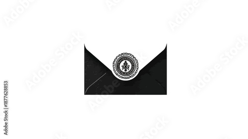 A grayscale, detailed illustration depicts an envelope with a circular emblem sealed