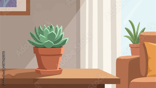 A potted succulent sits on a wooden table next to a plush armchair near a window