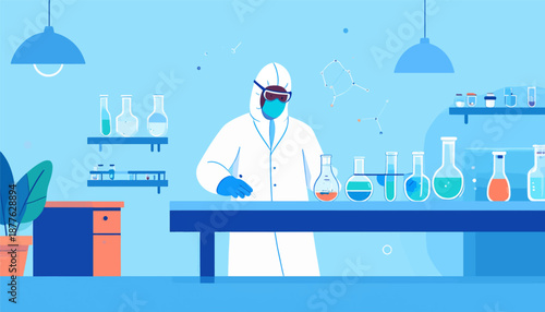 A scientist in protective gear conducts an experiment in a laboratory with various glass beakers and test tubes on a blue background