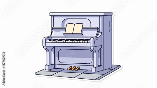 A simple, flat-design illustration of a light purple upright piano with sheet music on its stand
