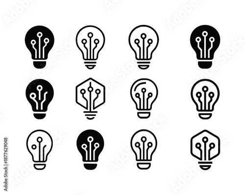 Innovation Icons Grid. Tech startups. Icon set. Set Logo of tech startups: innovation lightbulb. harmonious logo variations of the same emblematic concept,