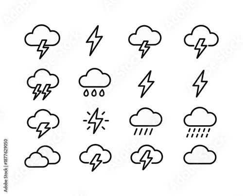 Cloud Lightning Icons. Cloud and lightning combinations. Line icon set of cloud and lightning combinations: storm cloud, forked lightning, single bolt, double