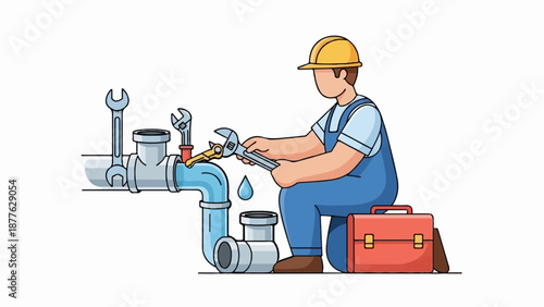 A plumber in a hard hat repairs pipes with wrenches, a toolbox nearby