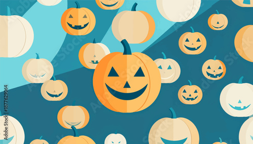 A seamless pattern of smiling pumpkins in orange and white against a teal background with abstract shapes