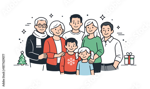 Generational Holiday Portrait. Holiday family portrait generations. Grandparents, parents, and children standing close in a relaxed pose, gentle smiles and